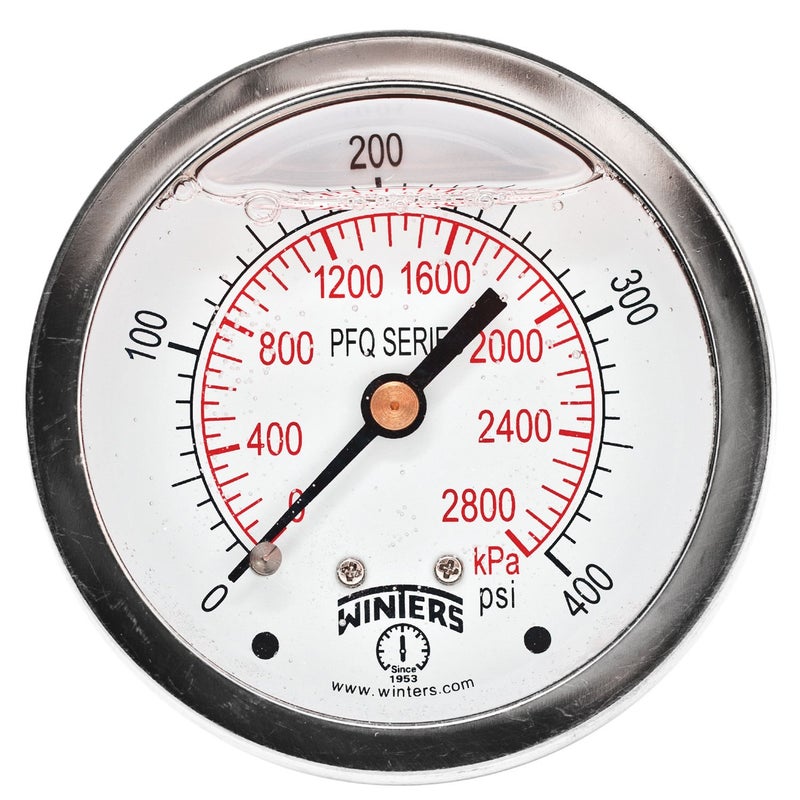 Winters 2-1/2" Dial Size, Liquid Filled Industrial Pressure Gauge, Brass Internals, 304 Stainless Steel Case, Dual Scale 0-400 psi/kPa, 1.5% Acc, 1/4" NPT Back Mount, Glycerin Filled Pressure Gauge